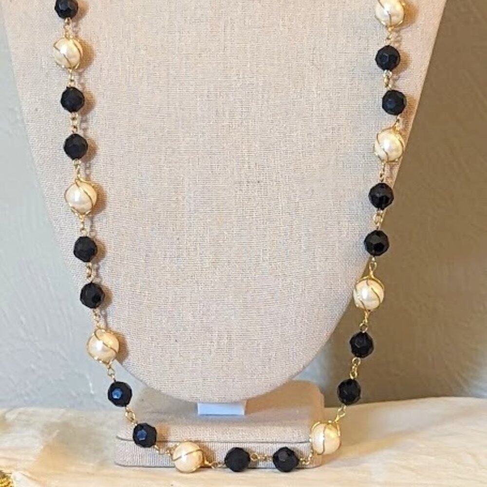 Trifari Gold Tone Black Faceted Beads with Caged Faux Pearl Necklace